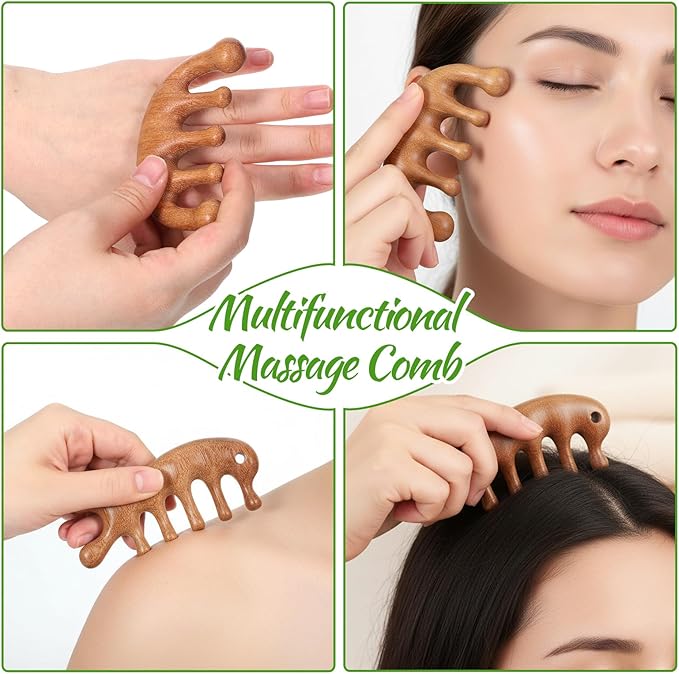 2 PCS Massager Comb, Sandalwood Wooden Scalp Comb Portable Gua Sha Combs Wide Tooth Scalps Massager Combs with 1 PCS Storage Bag for Men Women Head Neck Face Care Relaxation