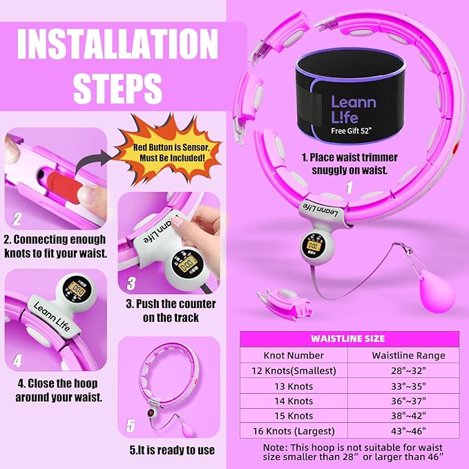 U5 Smart Weighted Hula Hoop with Counter & Waist Trimmer – 16 Knots, 28"–46" Adjustable Infinity Hoop Plus Size, Quiet Rubberized Wheels, Ab Workout Fitness, Weight Loss, Abdominal Toner
