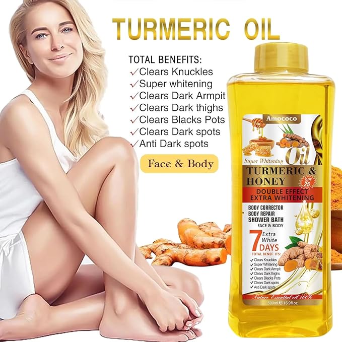 Turmeric & Honey Body Oil, Deep Moisturizing Treatment with Sweet Almond Oil, Vitamin E, and Collagen (16.9 fl oz)