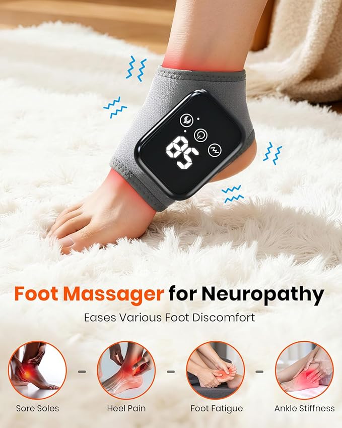 Foot Renew Massager for Neuropathy, 3-in-1 Cordless & Portable Foot and Ankle Massager for Heel, Arch & Ankle Relief, 3-Level Vibration & Heat, Ideal Gift, Includes Extension Strap (Gray 2pcs)