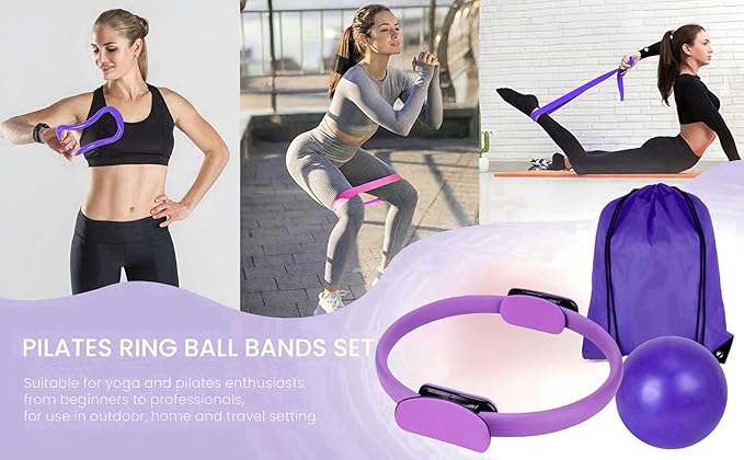 Pilates Essentials Kit for Women- 13-Piece Set Includes Pilates Ring, Yoga Ball, Yoga Bands, Figure of 8 Resistance Band, Fabric Resistance Band, Pilates Socks, and Storage Bag