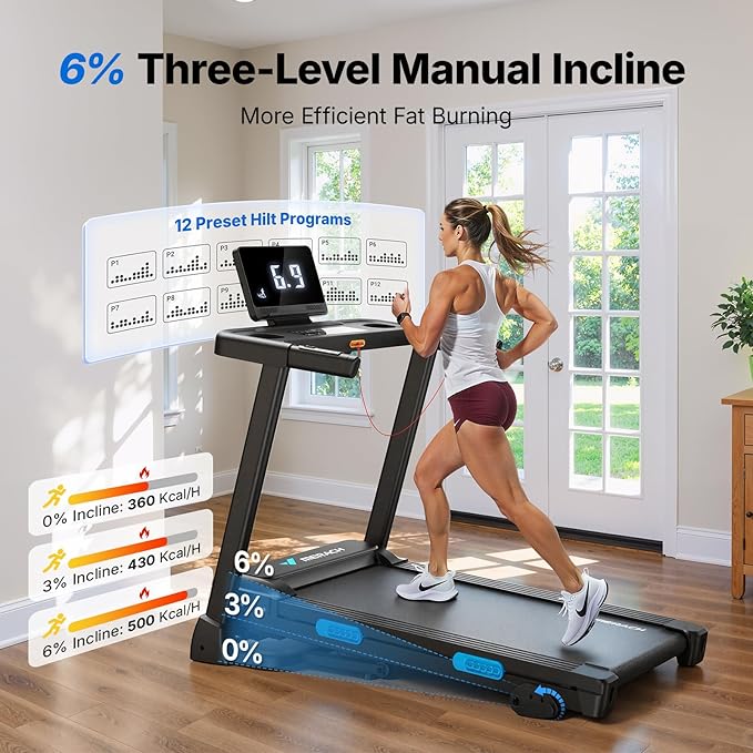 MERACH Incline Treadmill with Incline 6%-15%, 7-Layer Belt 300LBS Capacity Tredmill Foldable Handle Running Treadmills for Home, 0.5-7.5MPH 3.0HP Incline Folding Treadmill LED with APP Threadmill
