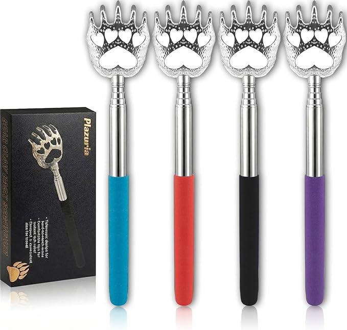 (4-Pack) Extendable Back Scratchers - Metal Claws with Telescopic Rubber Handles - Stocking Stuffers for Men, Women, Kids - Christmas Gift