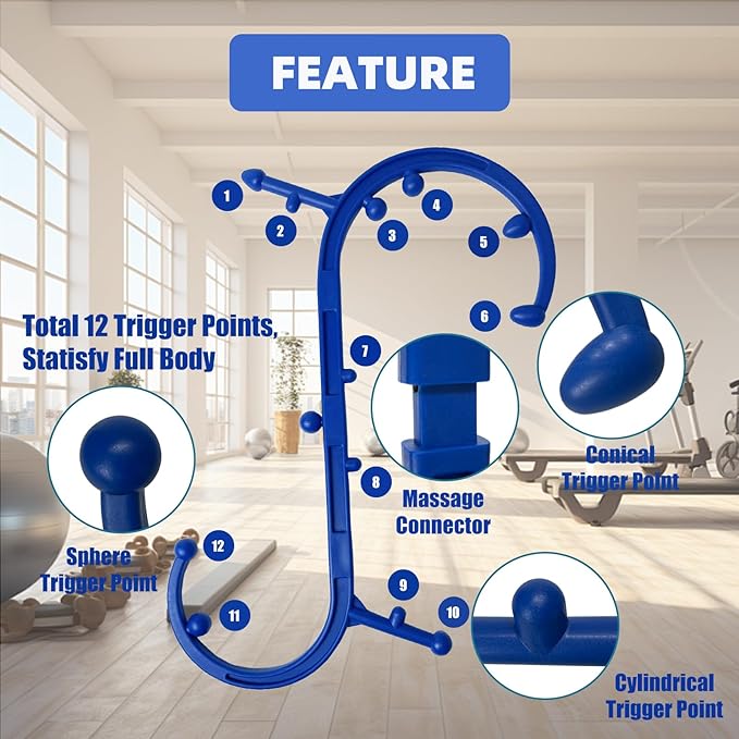 Trigger Point Massager & Back Cane- Deep Tissue Back Massage Tool for Muscle Knot Pain Relief (Back, Neck, Shoulder, Legs & Feet), Handheld Self Massage Cane with S-Shaped Dual-Section Design(Blue)