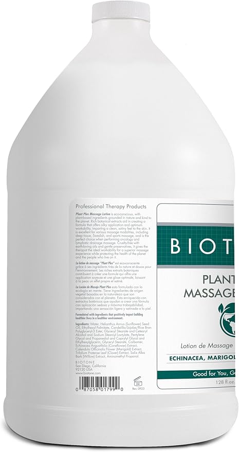 BIOTONE Plant Plus Massage Lotion- Eco-Conscious, Earth-Loving Oils, Plant-Based Ingredients, Kind to The Planet, Versatile for All Modalities, Customizable, Smooth, Silky, Optimum Glide. (128 OZ)