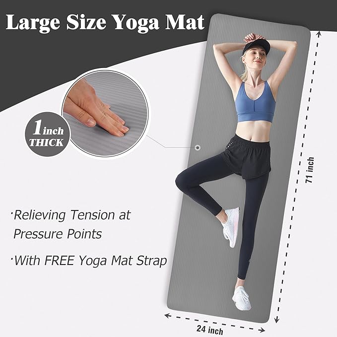 BalanceFrom 71x24 Inches Extra Thick Yoga Mat 1-Inch High-Density Foam – Roll-Up Exercise Pad with Double-Sided Non-Slip Surface and Carrying Strap for Pilates and Home Workouts, Multiple Colors