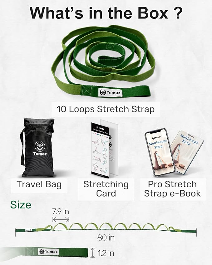 Tumaz Stretching Strap - 10 Loops & Non-Elastic Yoga Strap - Perfect Home Workout Stretch Strap for Physical Therapy, Yoga, Pilates, Flexibility
