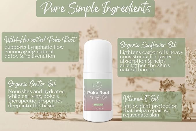 Organic Poke Root Roller with Castor Oil - Natural Lymphatic Drainage Support - Handmade in The USA