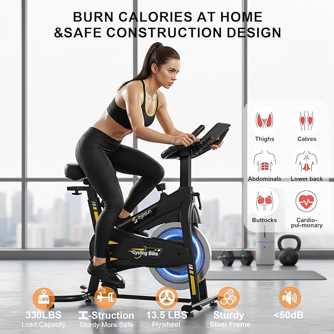 Exercise Bikes for Home,Spin Bike with Adjustable Magnetic,Brake Pad Resistance Silent Belt Drive,350lbs/300lbs Weight Capacity &Upgraded Version Seat for Home Cardio&Weight Loss(QM-530W)