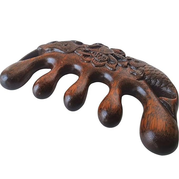 Wooden Massage Comb 100% Natural Handmade Pure wood Five-tooth Meridians Scalp Massager Comb No Static Wide Tooth Combs for Head Scalp Combs Meridians Scraping Massage Tool (Carving style)