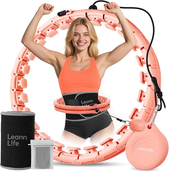 U1 Weighted Hula Hoop 30 Knots 19"-61" for Adults with Waist Trimmer Belt & Durable Wash Bag Bundle– Fitness Hoop for Exercise, Workout, Slimming & Home Gym, Peach