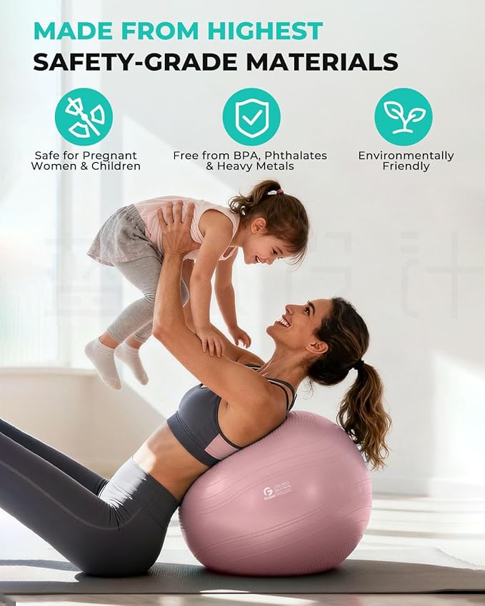 Gruper Yoga Ball, Extra Thick Exercise Ball for Workout Pregnancy Stability - 4 Sizes Anti Burst Balance Ball for Yoga, Pilates, Fitness, Birthing, Physical Therapy - Includes Pump