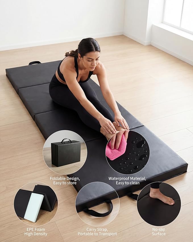 GarveeLife 6x2Ft Folding Gymnastics Mat, Exercise Mats & Gymnastics Tumbling Mats, Thick Portable Home Gym Floor Pad for Yoga, Pilates, Aerobics & Martial Arts Training, Four Pads Folding design