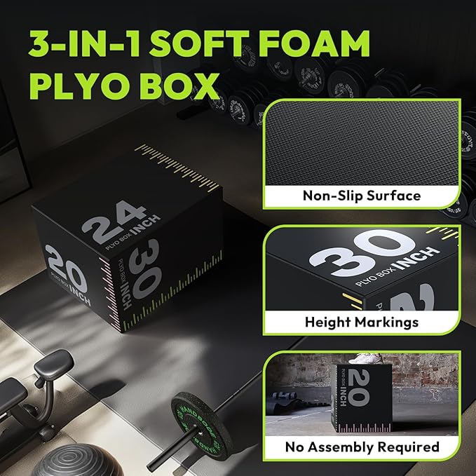 3-in-1 Plyometric Box, Jumping Exercise Equipment Trainer with Non-Slip Surface for Workout Training, Pro-Duty HIIT Exercise Foam Plyo Box, Home Gym