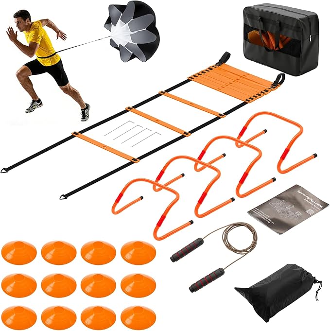 OLIXIS Soccer Agility Training Equipment Set- 20 ft Speed Ladder, 12 Soccer Cones, 4 Agility Hurdles, Jump Rope, Resistance Parachute Speed Training Equipment for Kids, Youth, Adults