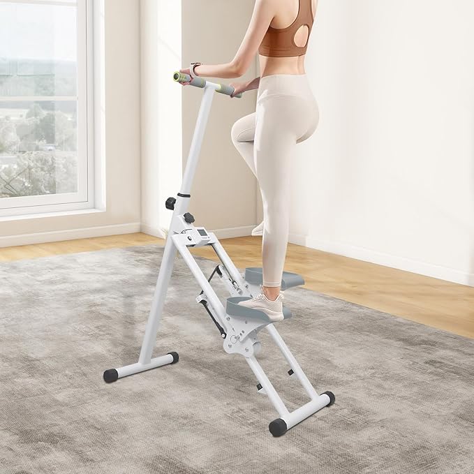 Stair Stepper for Home Gym Exercise | Stair Stepper Machine with Adjustable Handlebar Height | Folding Cardio Stair Master | with Oversized Pedal | 300LBS Loading Capacity | White& Gray