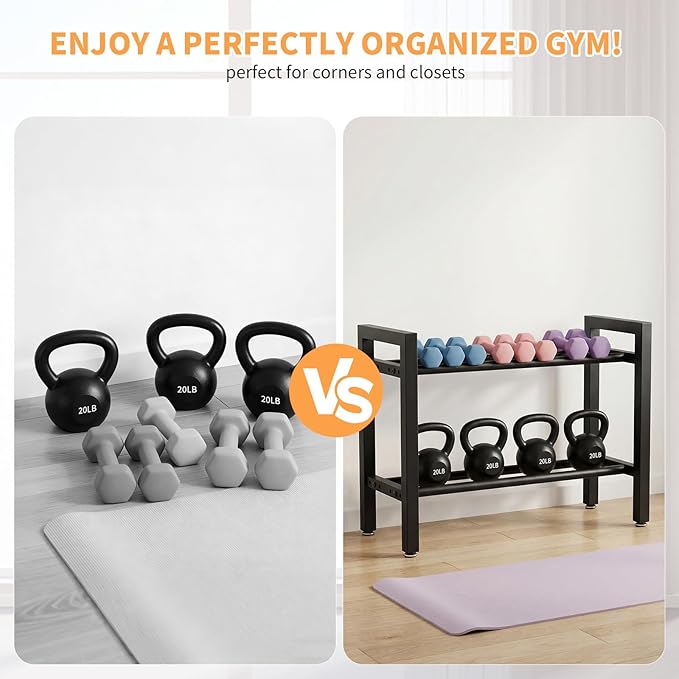 Dumbbell Rack 2 Tier 19.7 IN Adjustable Weight Rack For Home Gym, 300LB Total Capacity, 150LB Per Shelf Heavy Duty Dumbbell And Kettlebell Storage Stand, Stable Space Saving Rack (Rack Only)