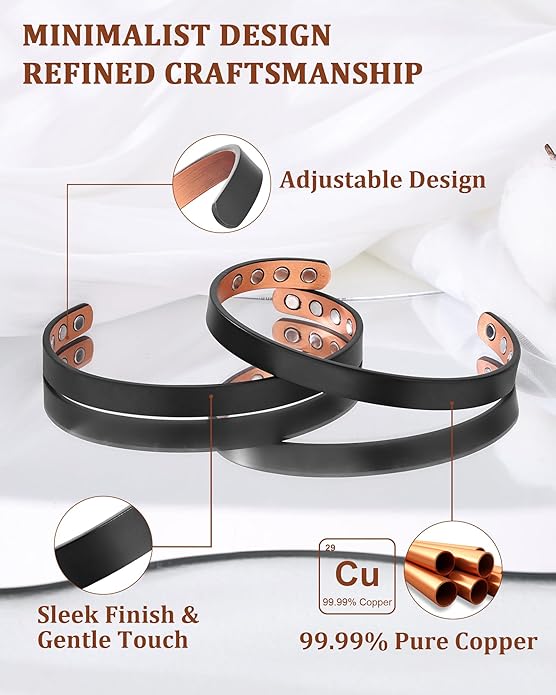 BioMag 2Pcs 99.99% Copper Bracelet for Women, Adjustable Magnetic Bracelets Bangle Cuff with 3500 Gauss Magnets, Jewelry Gift