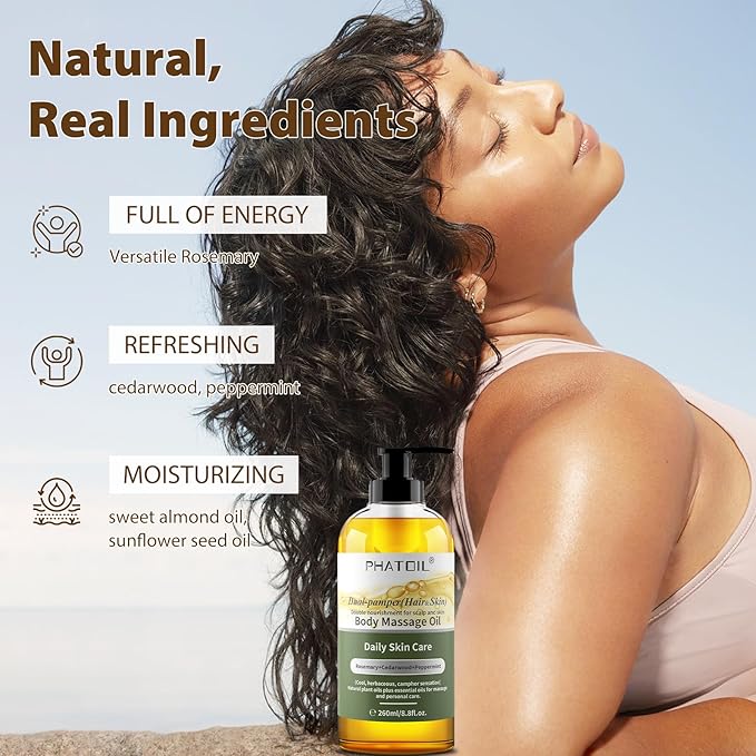 PHATOIL Rosemary Body Oil, Dual-Pamper (Hair & Skin) Massage Oil 260 ml (8.8 fl.oz), Blends of Natural Plant Oils and Essential Oils, Body Oils for Women and Men, Rosemary Oil for Hair