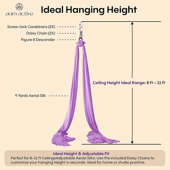 Aerial Silks Starter Kit - Durable 9 Yards of Aerial Yoga Hammock with Hardware & Guide - Aerial Swing for Acrobatic Flying Yoga & All Levels (Aerial Rigging Point Up to 13ft)