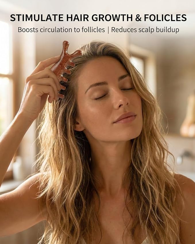 Tinuos 4-in-1 Wooden Scalp Massager Comb – Hair Growth Head Massager, Gua Sha Tool for Face & Body, Natural Wood Hair Scalp Massager for Stress Relief & Circulation