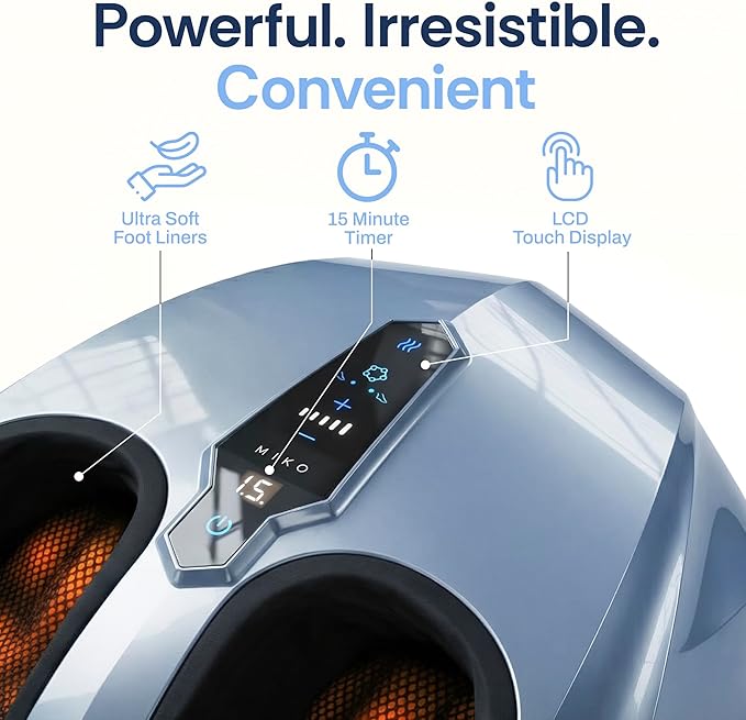 MIKO Foot Massager Machine with Deep-Kneading, Compression, Shiatsu, and Heat for Plantar Fasciitis, Neuropathy - Fits up to Men Size 12