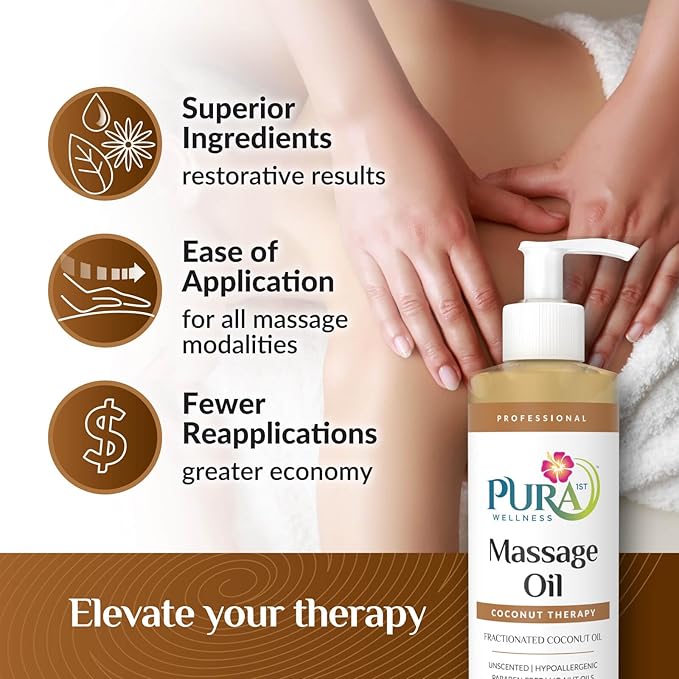 Coconut Therapy 8 Fl oz Massage Oil, Coconut Oil, Professional, Massage Therapy, Deep Tissue, Unscented, Natural Ingredients, Skin Hydrating, Moisturizing, Muscle Relief, for Bruising