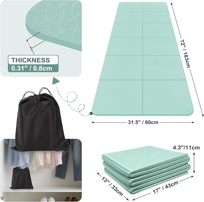 Foldable Yoga Mat for Travel 72"x 32"x 0.32"Inch, 8mm Thick Folding Exercise Mat, Outdoor Non-slip Pilates Mat for Women & Men, Wide Yoga Mat Packable for Workout and Fitness