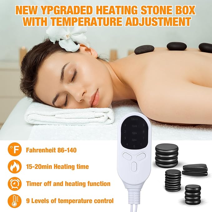 Hot Stones Massage Set 18 Pieces Basalt Hot Rocks Massage Rocks Kit Black Smooth Stones for Professional Home Spa Warming Relaxing Pain Relief, Constant 50°c (122°f)(Adjustable Temperature Wood Box)