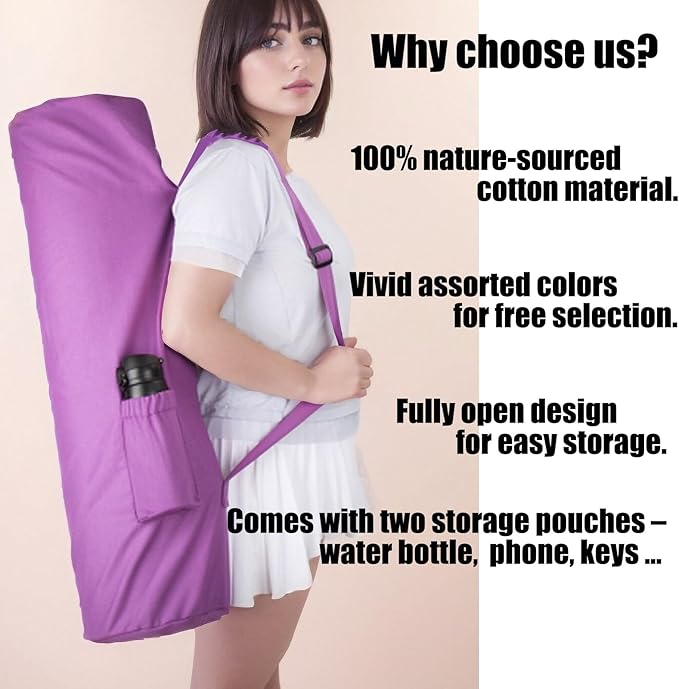 Cotton yoga mat bag with Pockets and Adjustable Strap - Full Zip Cargo Yoga Mat Carrier Bag - Bag for 1/4" 1/3" Thick Yoga Mat