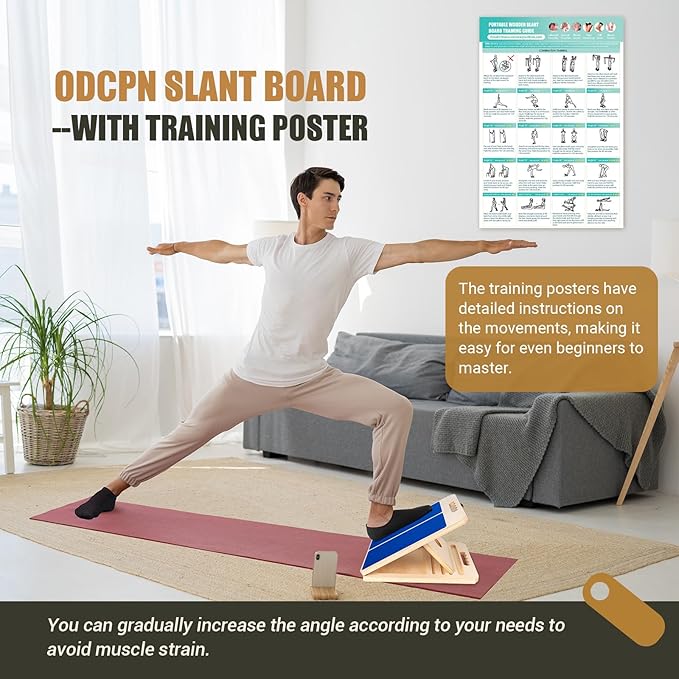 Wooden Slant Board for Calf Stretching, Portable Adjustable Calf Stretch Board with Training Poster & Resistance Bands, 300lb Weight Capacity Calf Ankle Achilles Physical Therapy Leg Exercisers