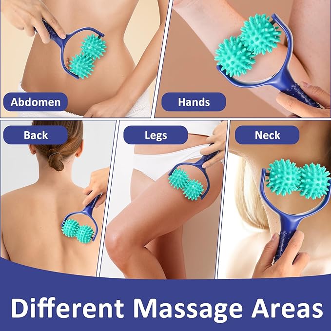 Handheld Spiky Massage Balls Rollers, 2 Wheel Spiky Massage Ball Rollers Silicone Manual Massage Roller with Handle Pressure Point Muscle Massage Tool for Foot Arm Body Neck Leg Pain Pressure Relief