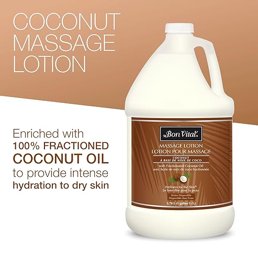 Bon Vital' Coconut Massage Lotion, 1 Gallon, Lightweight Formula with Pure Fractionated Coconut Oil, Professional Therapy Lotion, Hydrating and Unscented