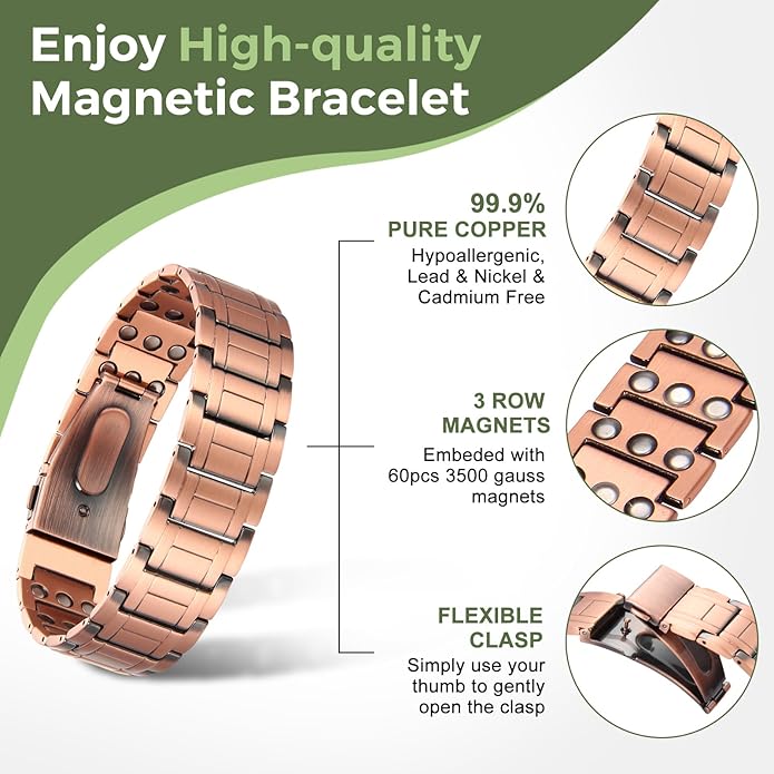 MagEnergy Copper Bracelet for Men, 3-Row Magnet Design, Ultra Strength Magnetic Bracelet 99.99% Pure Copper Wristband Adjustable Jewelry Gift with Sizing Tool