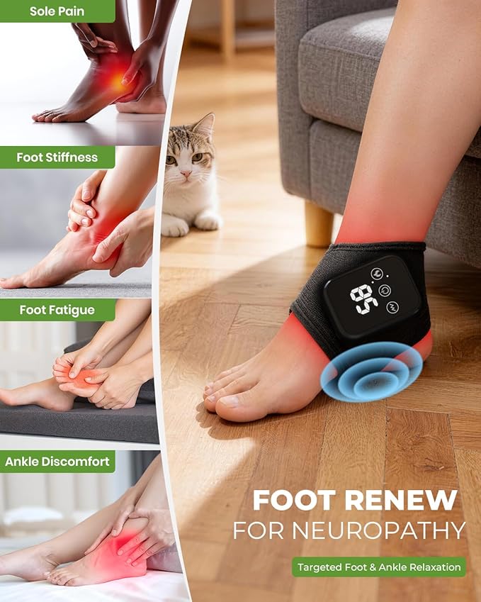 Foot Renew Triple Method Massager, 3 in 1 Cordless & Portable Foot and Ankle Massager with 3 Vibration Modes & 3 Heat Levels, for Heel, Arch, and Ankle Comfort & Relief for Home/Office/Travel (2PCS)
