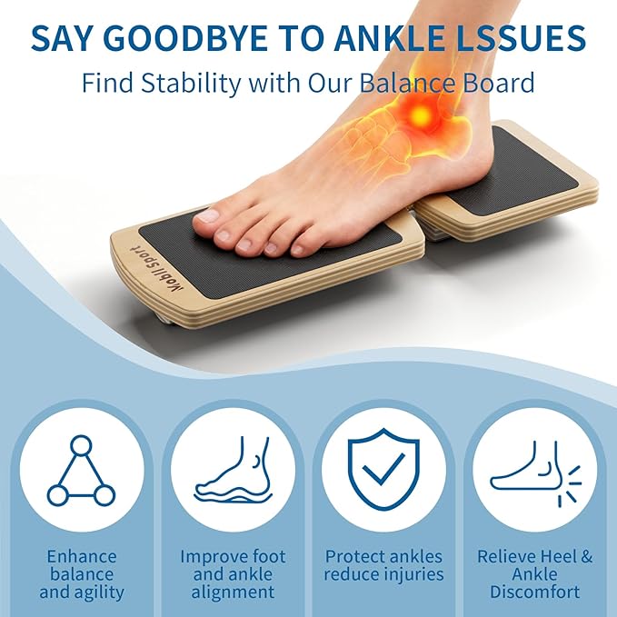 Ankle Balance Board for Plantar Fasciitis & Achilles - Wooden Single Leg Foot Strengthener & Stability Trainer for Office Desk, Rehab & Runners - 16-Exercise Guide & Bag