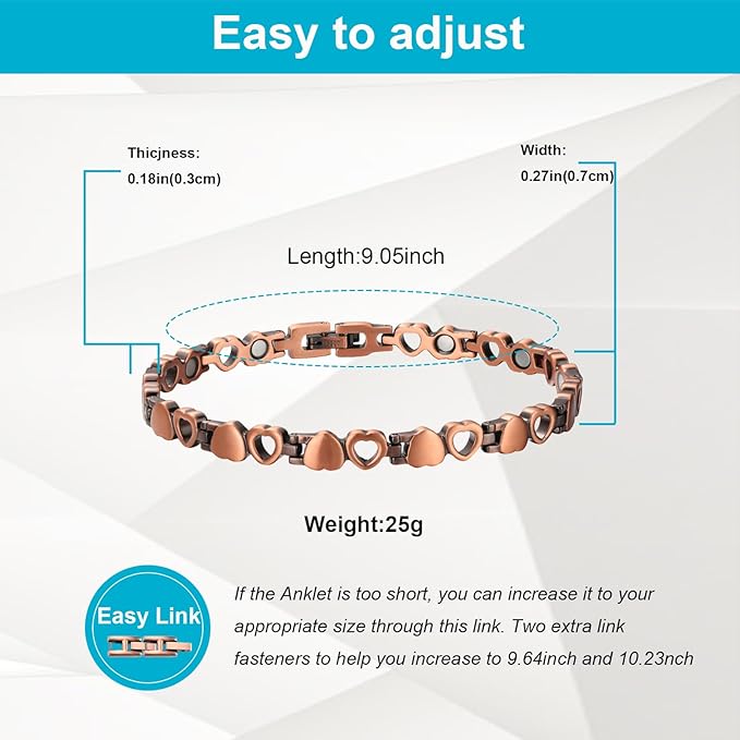 Copper Ankle Bracelet Women, 99% Pure Copper Heart Shape Magnetic Anklet, Fashion Jewelry Present (0086Q)