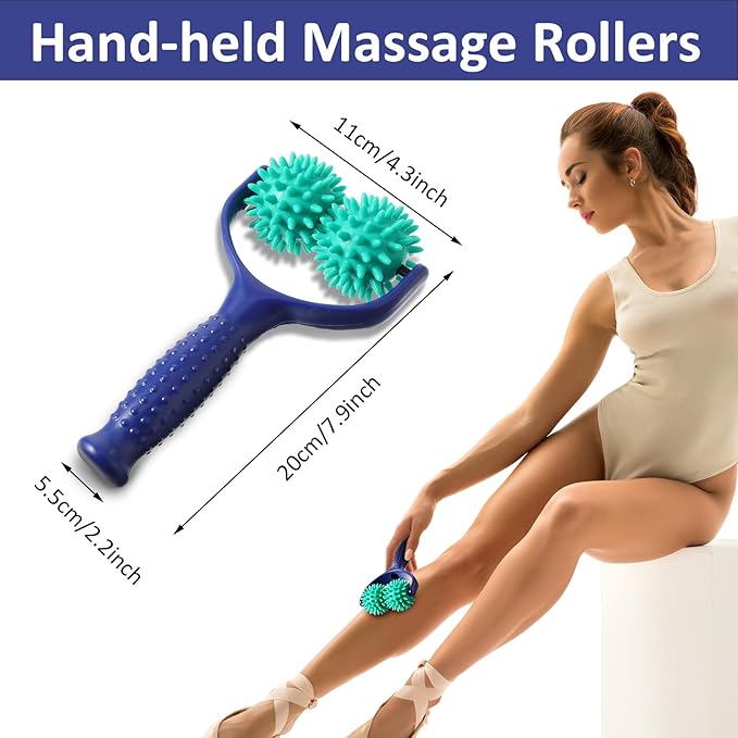 Handheld Spiky Massage Balls Rollers, 2 Wheel Spiky Massage Ball Rollers Silicone Manual Massage Roller with Handle Pressure Point Muscle Massage Tool for Foot Arm Body Neck Leg Pain Pressure Relief