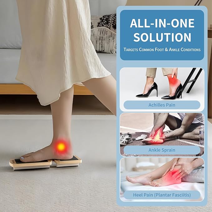 Ankle Balance Board for Plantar Fasciitis & Achilles - Wooden Single Leg Foot Strengthener & Stability Trainer for Office Desk, Rehab & Runners - 16-Exercise Guide & Bag