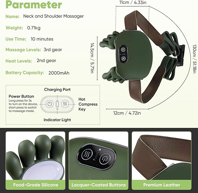 Shoulder and Neck Massager, Bionic Heated Massager, Neck Massager with Fingers, 4D Kneading Massage, Simulates a Real Palm Massage for Comfort, Relax Muscle Tension (Green)