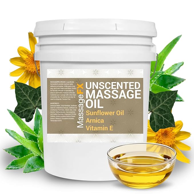 Massage Oil by Massage FX - 100% Pure Sweet Almond & Sunflower Seed Oil - Vitamin E - Ivy, Arnica & Aloe - Unscented - Perfect for a Full Body Massage, Maximum Friction - Paraben Free - 5 Gallons