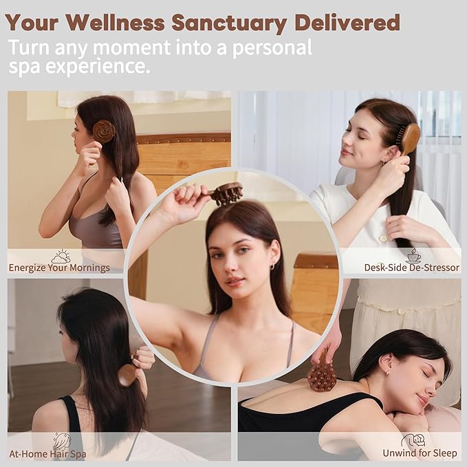 Wooden Scalp Massager & Cushion Hair Brush Gift Set – Manual Head Massage Brush with Rounded Tips, Gentle Scalp Stimulation & Daily Hair Care – Gift-Ready Self-Care Set