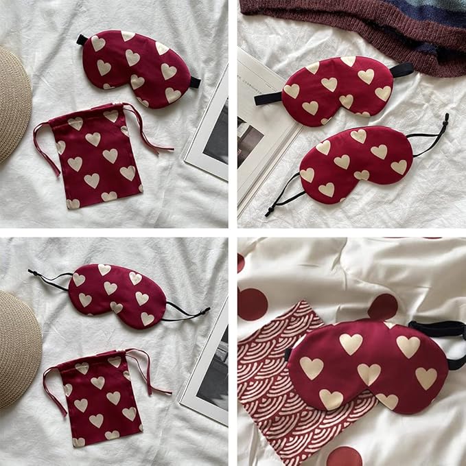 Red Heart Silk Sleep Eye Mask Storage Bag Set Women Adjustable Soft Mulberry Silk Blackout Eye Cover for Yoga Travel Nap Hanging Ear