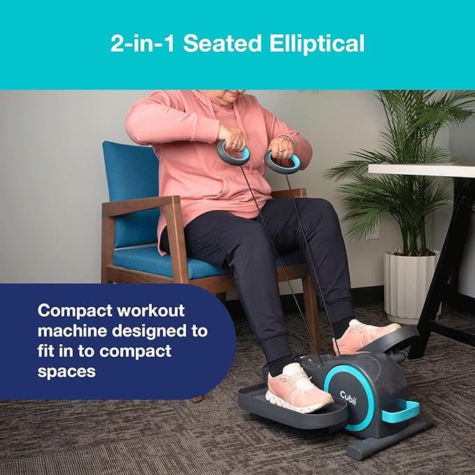 Cubii Total Body Under Desk Elliptical Bike with Built-in Upper Body Resistance Bands | Seated Exercise Machine - Arms + Legs Workout for Seniors & All Ages, 12 Resistance Levels, LCD Display