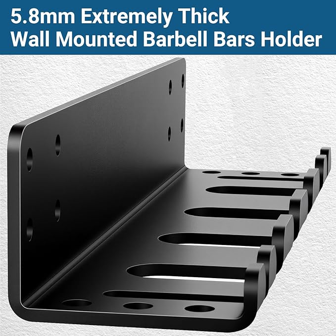 Heavy Duty Wall Mounted Barbell Holder, 5.8mm Thick Olympic Barbell Storage Rack with Hooks, Fits Bars Under 33mm, Space-Saving Home Gym Fitness Equipment Hanger