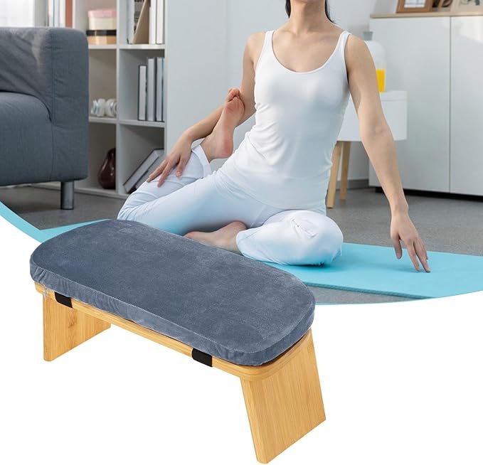 Meditation Bench Kneeling Stool Ergonomic Wood with Soft Cushion, Foldable Portable Prayer Bench, Meditation Stool 16.93x7.48x7.09inch- Gray Blue