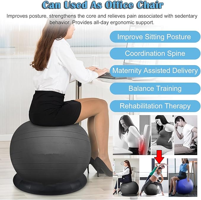 Yoga Ball Chair - Relieve Back Pain, PVC Anti-Burst Exercise Ball Chair for Home Office Desk Workout with Base & Resistance Bands, Backless Bouncy Ball Chair, Inflatable(Diameter 75cm(29 4/8 inch))