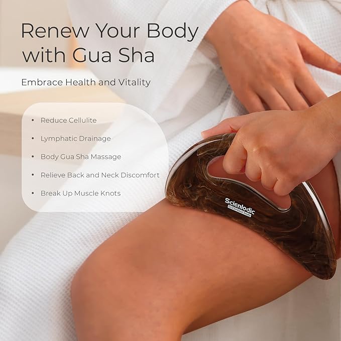 Scienlodic Gua Sha Massage Tool with Handle (Resin) Larger Guasha Body Scraping Tool for Back Legs Neck Massage, Lymphatic Drainage, Cellulite Remove - Large Brown