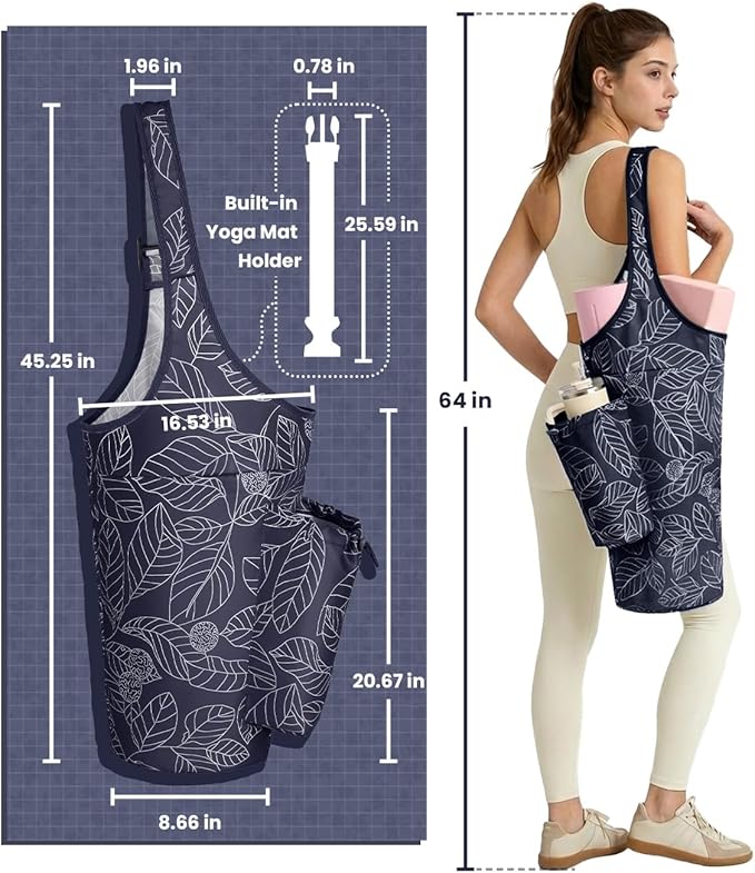 sportsnew Yoga Mat Bag for Women with Drawstring Pocket & Inner Pocket, Large Opening Yoga Mat Carrier for Quick Access, Adjustable Shoulder Strap, Fits 1/4" & 1/2" Thick Mats for Workout, Gym, Pilate
