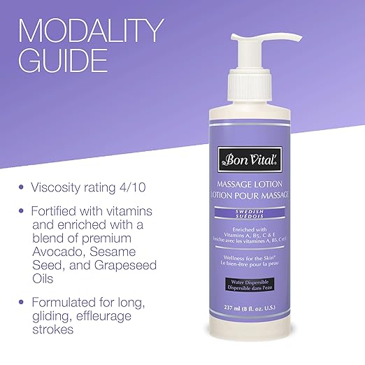 Bon Vital', Swedish Massage Lotion, 8 oz, Lightweight Professional Massage Lotion for Massage Therapy and Sports Massage, Enriched with Vitamins and Plant-Based Extracts, Unscented Formula